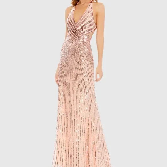green emerald velvet dress Mac Duggal - Pink Sequined Wrap Over 3/4 Sleeve Gown